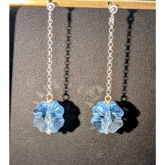 925 Sterling Silver Chain Drop Blue Crystal Flower Dangle Post Pierced Earrings - Picture 1 of 5